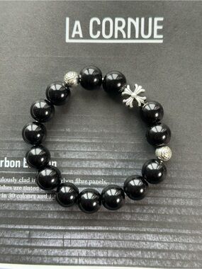 Black Bead Stretch Bracelet with sterling Silver Accents